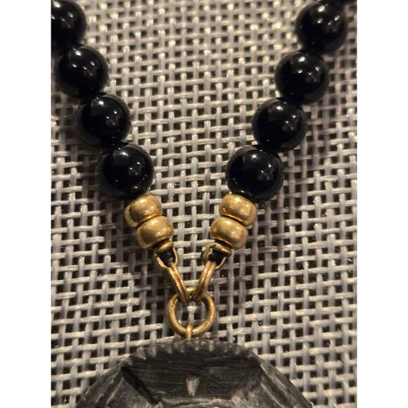 Vintage Ancient Egyptian Heart of Scarab Black & Gold Beaded Pendant Necklace - Picture 4 of 10